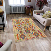 Flat Weave Kilim Antique Navaho Vintage handmade Geometric Kilim Beige Blue Hand-Woven Rectangle 100% Wool Area Rug 5x7